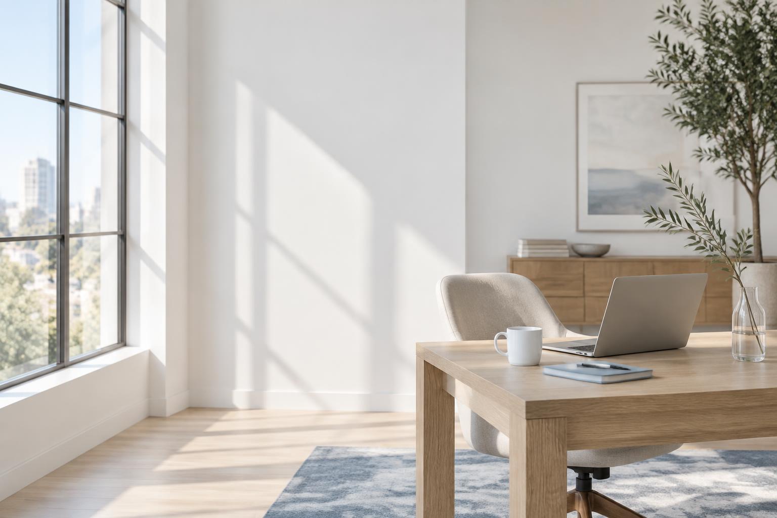 A bright, thoughtfully organized workspace with a laptop and notebook